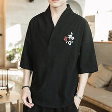 Charger l'image dans la galerie, Chemise Homme Nokori en lin coton naturel, style kimono noir, classique de la mode japonaise. Parfait pour un look tendance.