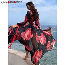 Charger l'image dans la galerie, KIMONO DE PLAGE NOIR COQUELICOT - Kimono Japonais