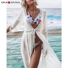 Charger l'image dans la galerie, KIMONO FEMME BLANC DE PLAGE BRODERIE - Kimono Japonais