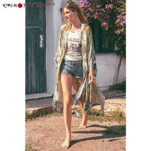 Charger l'image dans la galerie, KIMONO FEMME BOHÉMIE FLORALE Cardigan kimono aux motifs ethniques vibrants et aux couleurs vives, parfait pour un look bohème.