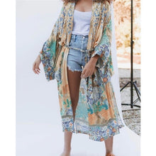 Charger l'image dans la galerie, KIMONO FEMME BOHÉMIE FLORALE Cardigan kimono aux motifs ethniques vibrants et aux couleurs vives, parfait pour un look bohème.