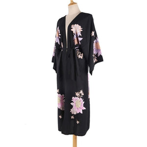 KIMONO FEMME PLAGE NOIR FLORAL - Kimono Japonais