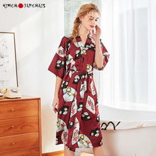Charger l'image dans la galerie, Kimono Femme Satin Bordeaux Eventail - Kimono Japonais