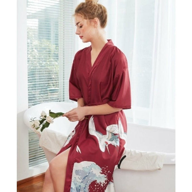 Kimono Cardigan Femme à Motifs Vagues Japonaises - Style Harajuku, Longueur Hanches, Polyester Léger