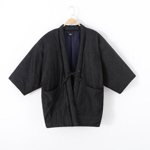 Vintage Men Solid Kimono Haori Coat Winter Thick Cotton-Padded Kimonos Robe Jacket Japan Samurai
