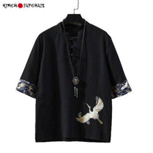 Charger l'image dans la galerie, Veste Kimono Kanpanyu noire avec grues brodées, élégante et fluide, parfaite pour un look street chic.