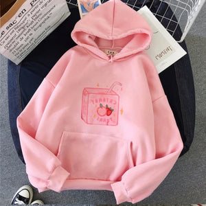 New Kawaii Peach Juice Japanese Casual Harajuku Shirt Pink Hoodies Women Korean Pullovers Sweatshirt