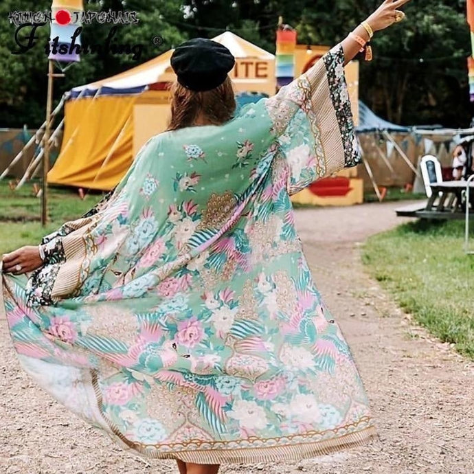 Fitshinling Print Chiffon Beach Cover Up Summer Kimono Bikini Outer Cover Swimwear Sexy Long Cardigan Bohemian Holiday Cover-Up - Kimono Japonais