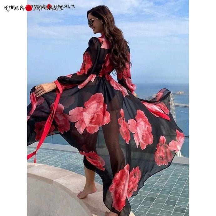 KIMONO DE PLAGE NOIR COQUELICOT - Kimono Japonais