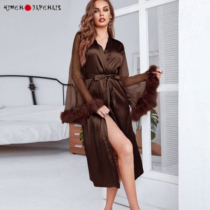 KIMONO FEMME MARRON PLUME - Kimono Japonais