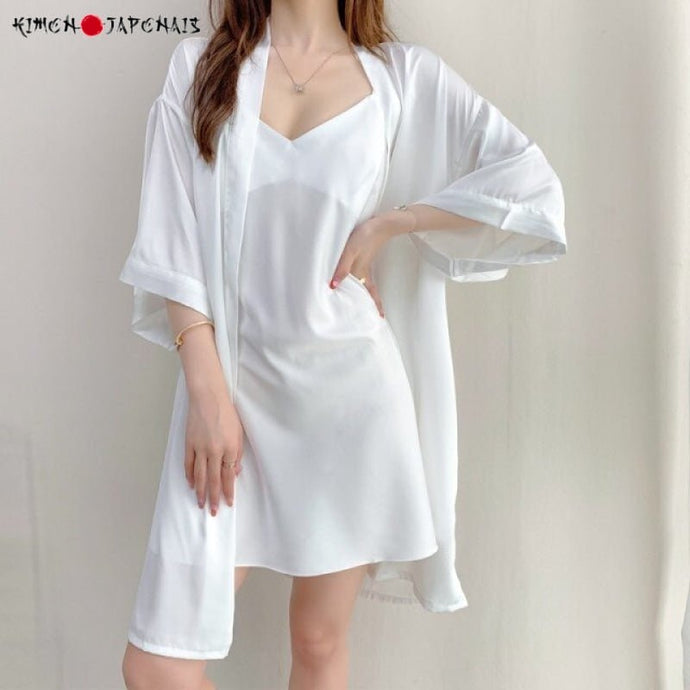 Kimono Femme Pyjama Satin Blanc - Kimono Japonais