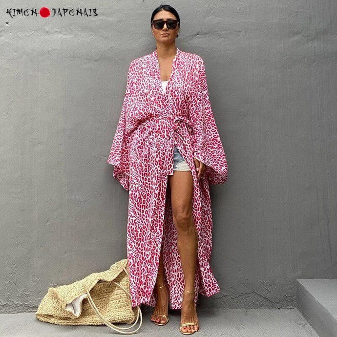 KIMONO FEMME ROUGE LEOPARD - Kimono Japonais