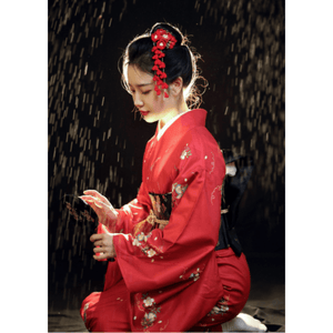 Japanese Womens Yukata Traditional Kimono Robe Photography Dress Cosplay Costume Red Color Flower