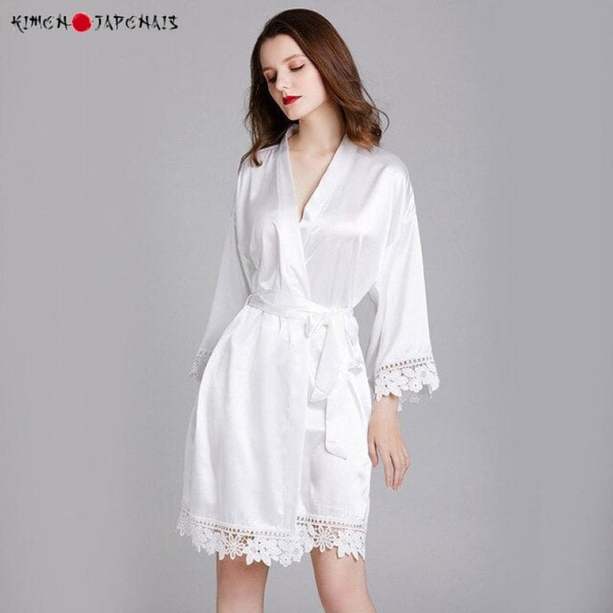 Kimono Femme Satin Ange Blanc Dentelle - Kimono Japonais