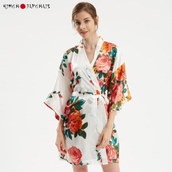 Kimono Femme Satin Blanc Bouquet Rouge Yukata