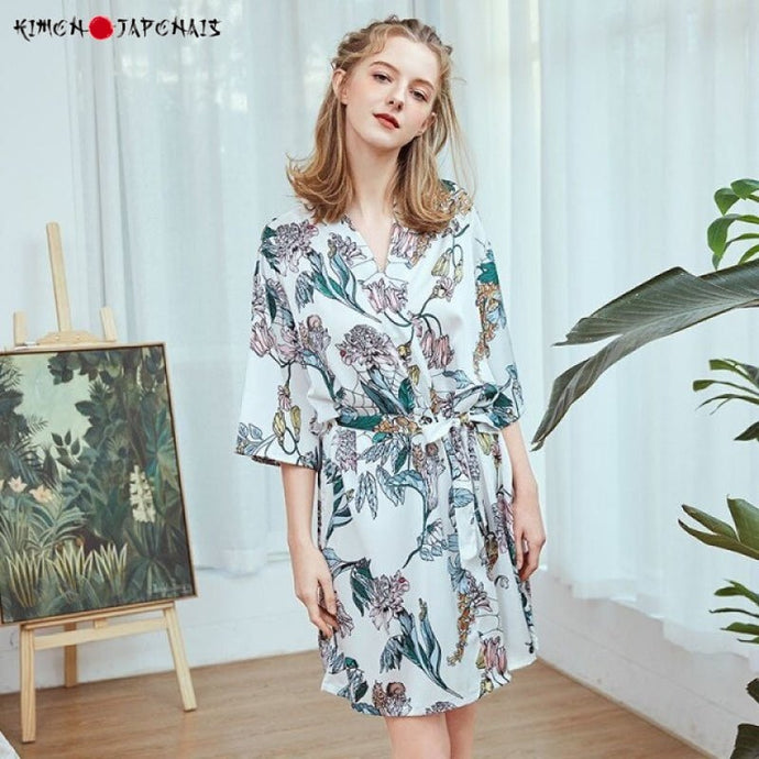 Kimono Femme Satin Blanc Fleurs Jardin secret - Kimono Japonais