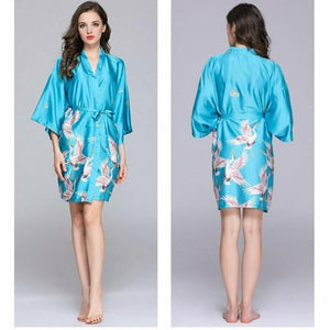 Kimono Femme Satin Bleu ciel Grues - Kimono Japonais