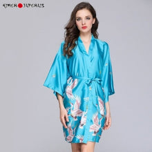 Charger l&#39;image dans la galerie, Kimono Femme Satin Bleu ciel Grues - Kimono Japonais
