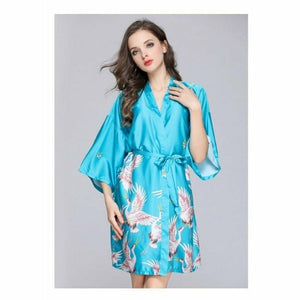 Kimono Femme Satin Bleu ciel Grues - Kimono Japonais