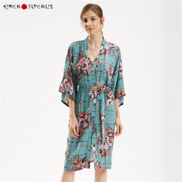 Kimono Femme Satin Bleu Damier Floral