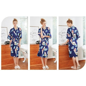 Kimono Femme Satin Bleu Eventail - Kimono Japonais