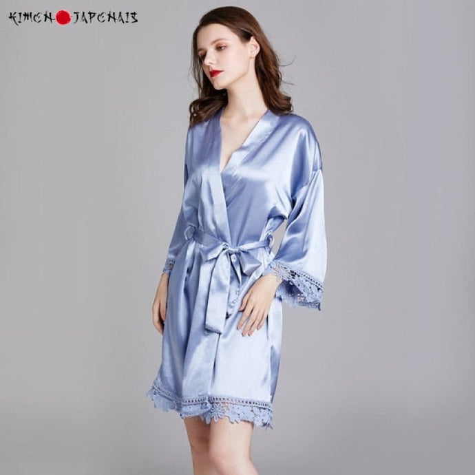 Kimono Femme Satin Bleu Gris Dentelles - Kimono Japonais