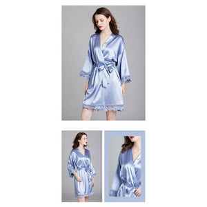 Kimono Femme Satin Bleu Gris Dentelles - Kimono Japonais