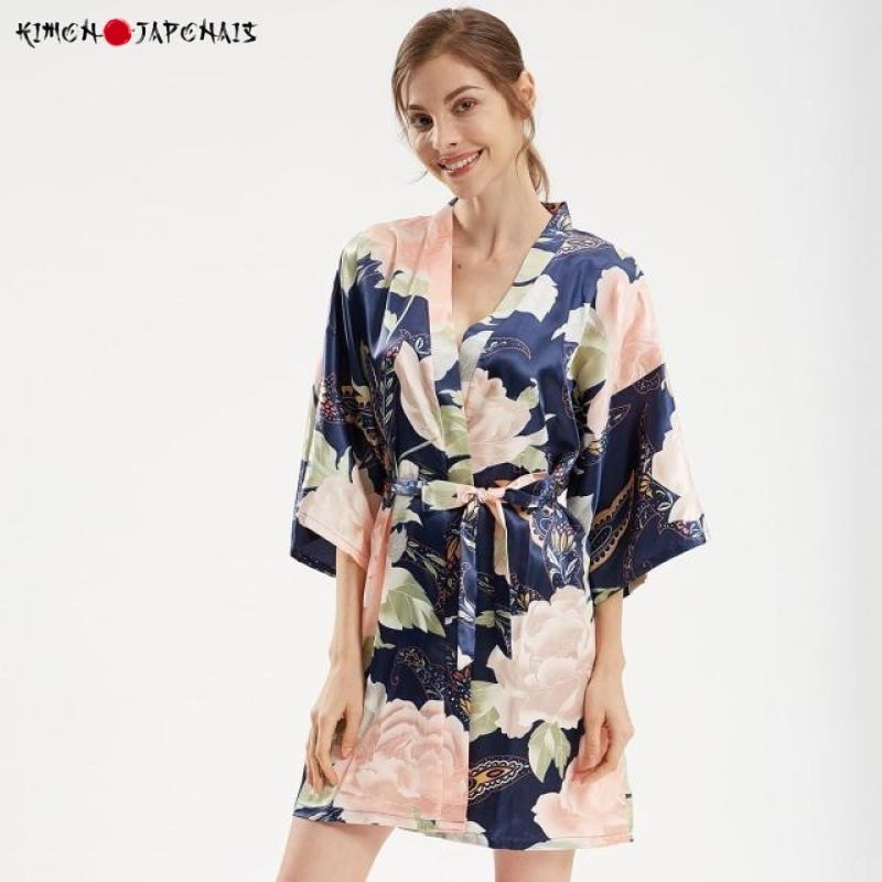 Kimono Femme Satin Bleu Rose floral - Kimono Japonais