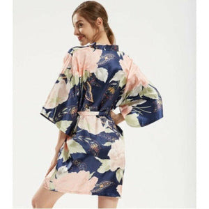Kimono Femme Satin Bleu Rose floral - Kimono Japonais