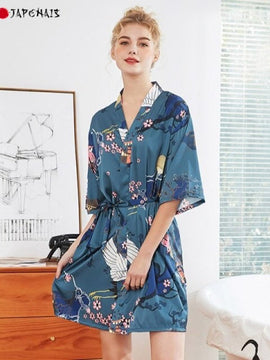 Kimono Femme  Satin Bleu Sakura
