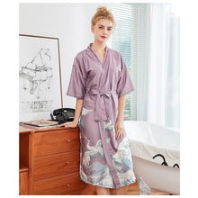 Charger l&#39;image dans la galerie, Kimono Femme Satin Mauve Grues Japonaises - Kimono Japonais
