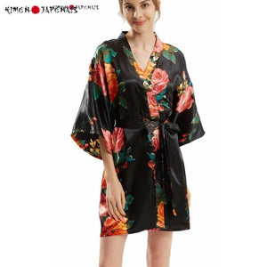 Kimono Femme Satin Noir Roses Japonaises - Kimono Japonais