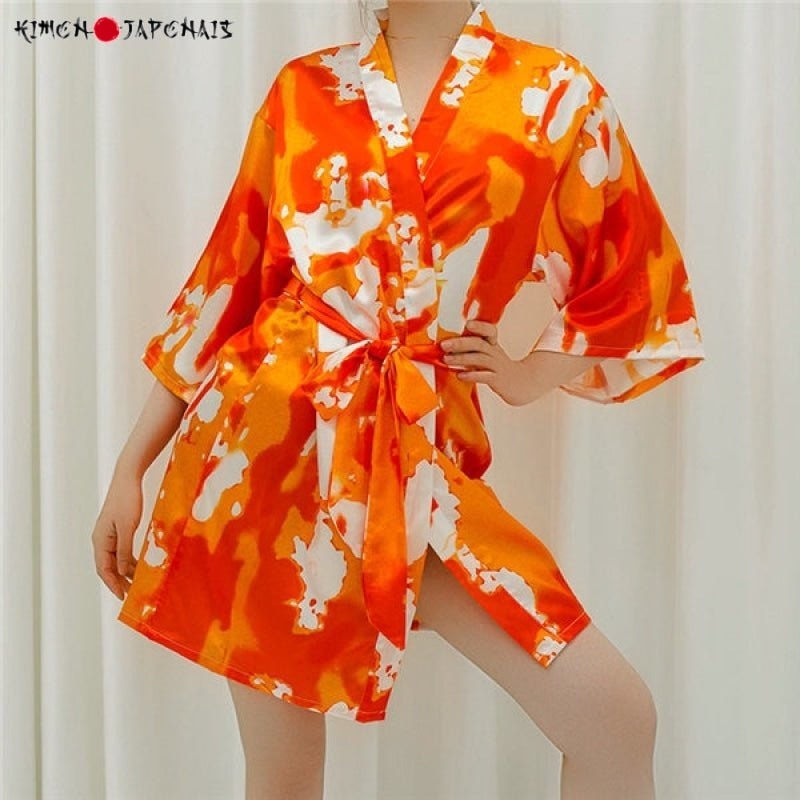 Kimono Femme Satin Orange Peintures - Kimono Japonais