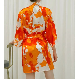 Kimono Femme Satin Orange Peintures - Kimono Japonais