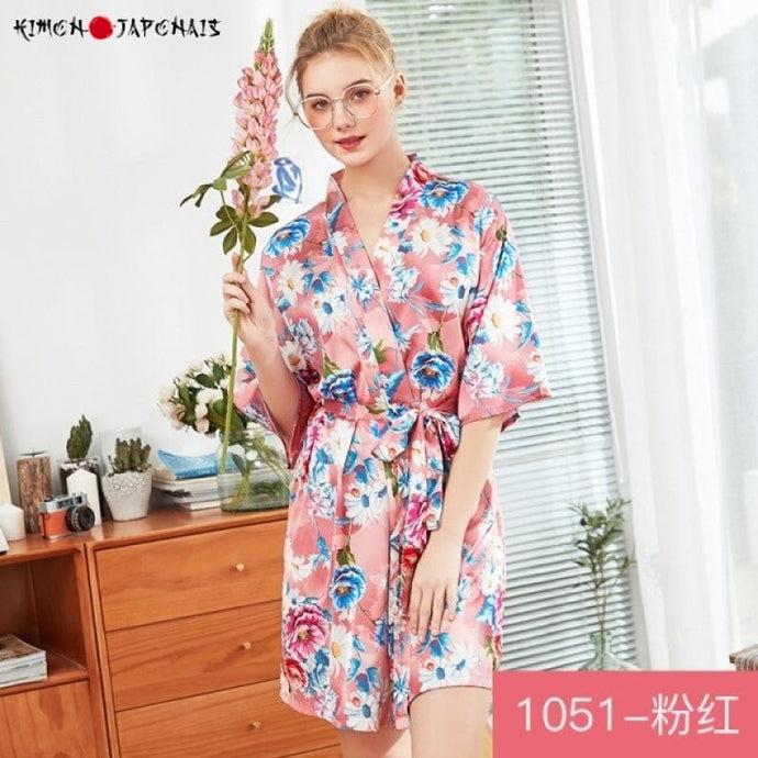 Kimono Femme Satin Rose Bouquet Bleu - Kimono Japonais