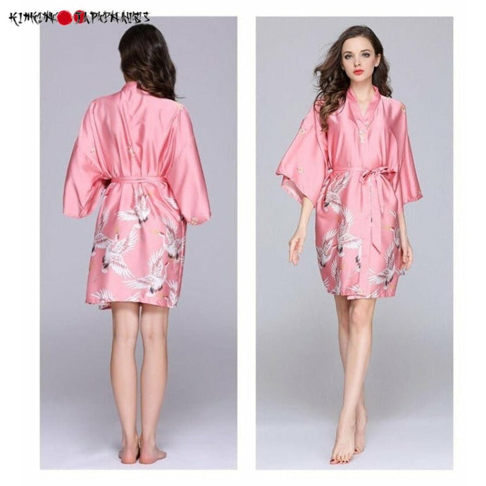 Kimono Femme Satin Rose Grues Japonaises - Kimono Japonais