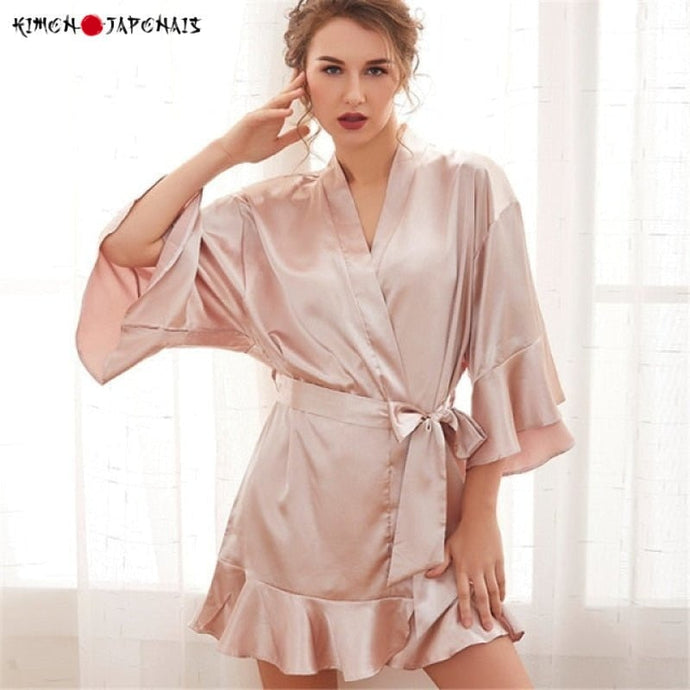 Kimono Femme Satin Rose Romance - Kimono Japonais