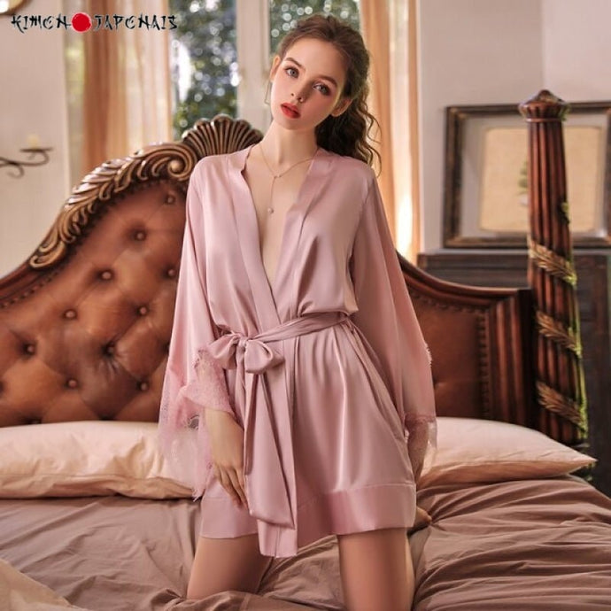 Kimono Femme Satin Rose Sensuel Dentelles - Kimono Japonais