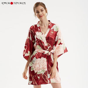 Kimono Femme Satin Rouge Fleurs Blanches Yukata