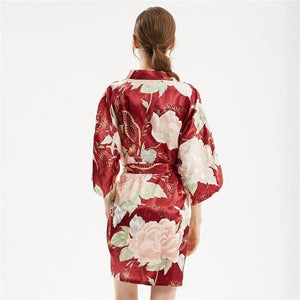 Kimono Femme Satin Rouge Fleurs Blanches - Kimono Japonais