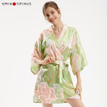 Charger l&#39;image dans la galerie, Kimono Femme Satin Vert Printemps Floral Yukata
