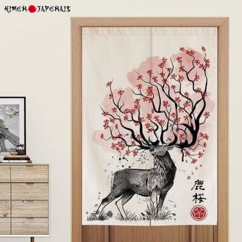Noren japonais cerf Cerisier Sakura - Kimono Japonais