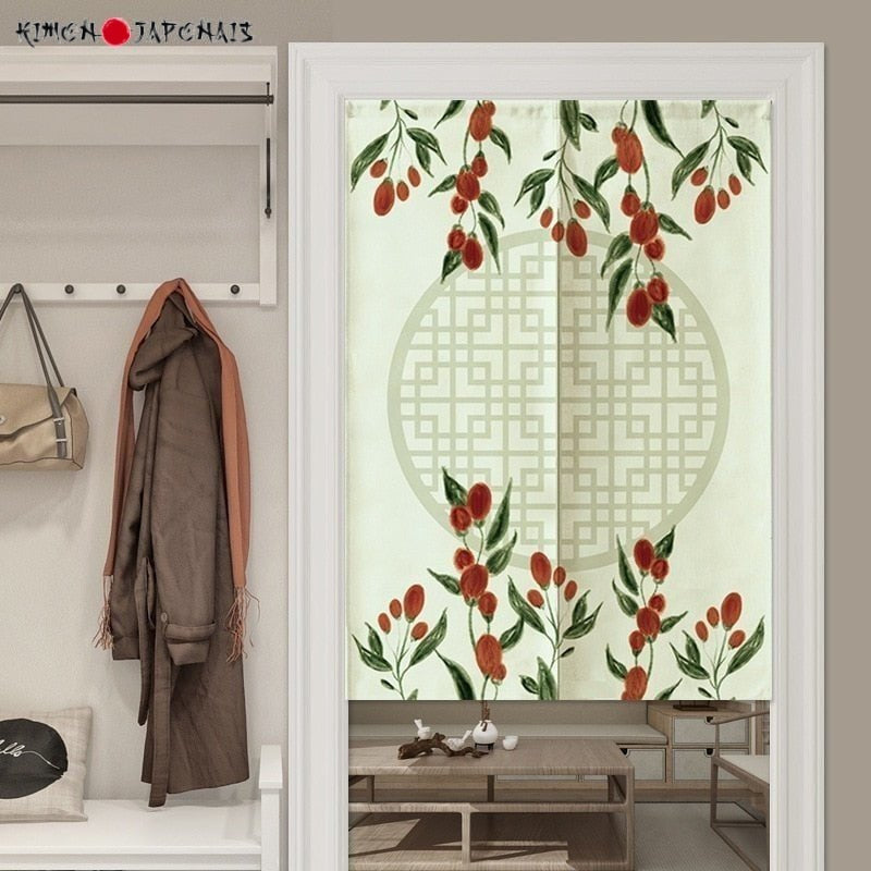 Noren Japonais en lin Arbre fruits rouges - Kimono Japonais