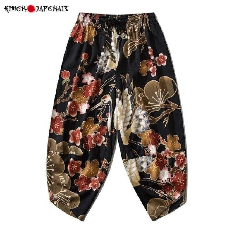 Pantalon Japonais Homme 3/4 En Lin - Coupe Ample Baggy Avec Cordon De Serrage - Style Décontracté été - Motif Brodé Traditionnel - Taille Unique Ajustable - 7