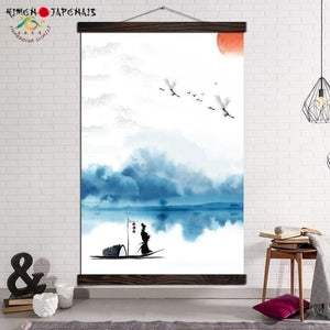 Posters and Prints Canvas Painting Abstract Wall Art Picture Decoration Home Japan Samurai Red Crowned Crane Landscape Pictures - Kimono Japonais