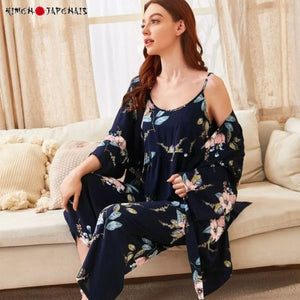 Pyjama Kimono Femme Satin Bleu floral - Kimono Japonais