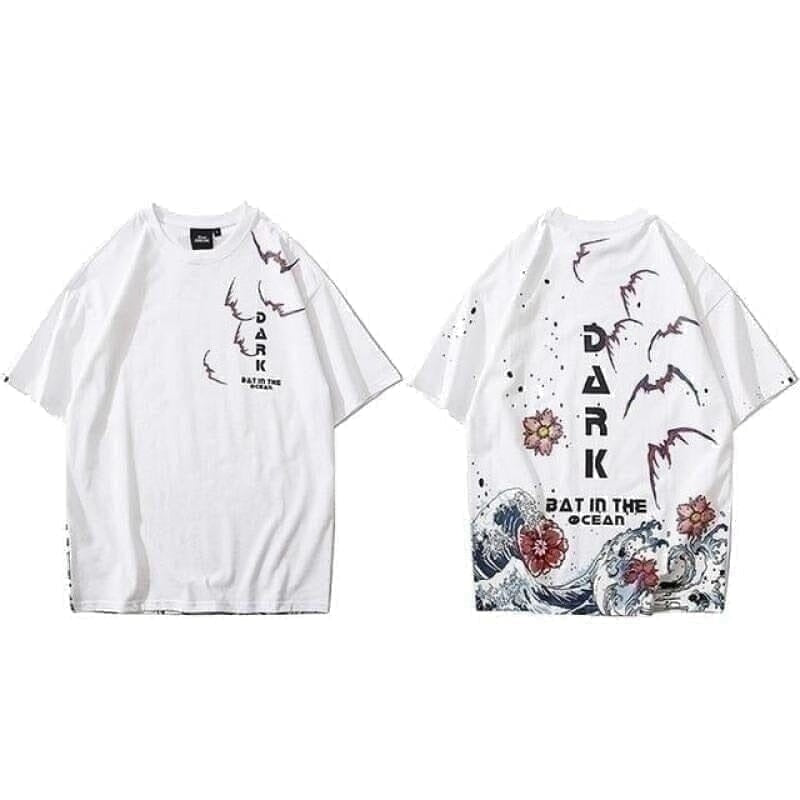 T-shirt Japonais Chauves-souris en mer T-shirts Kimonojaponais Blanc XL 
