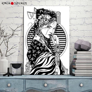 Tableau japonais noir et blanc Geisha Gothique - Kimono Japonais