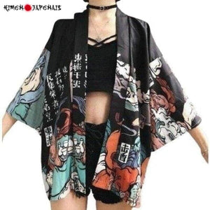 Veste Kimono Femme Gaku Kimono Cardigan Haori mixte Kimonojaponais Noir 