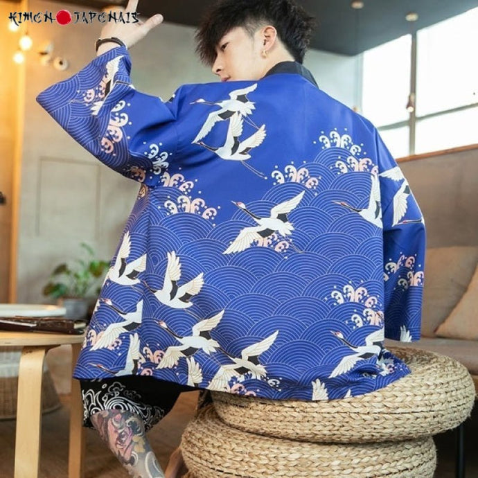 Veste Kimono Grues et Sakura - Kimono Japonais